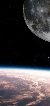 Decorate your phone's background with a stunning live wallpaper showcasing a panoramic view of the moon and earth from space