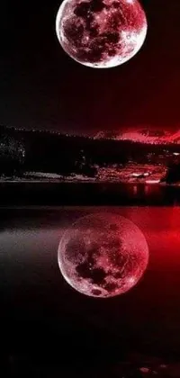 This phone live wallpaper features a captivating scene of a full moon shining bright over a calm lake, with a majestic mountain looming in the distance