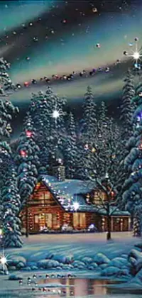 This phone live wallpaper features a charming digital painting of a cabin nestled in the snow-covered hills, with beautiful Christmas lights casting a warm glow over the tree tops