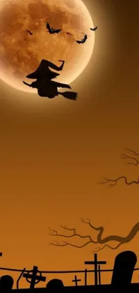 Looking for a cool and mystical live wallpaper for your phone? Look no further than this high-resolution digital art wallpaper, which depicts a witch flying on her broomstick in front of a full moon in a dark orange night sky