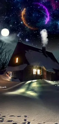 This phone live wallpaper depicts a cozy house in a snowy landscape under a mesmerizing full moon