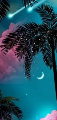 This phone live wallpaper boasts a stunning digital art depicting a serene moonlit sky with palm trees