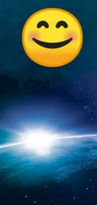 This live wallpaper features a cheerful smiley face floating in outer space against an epic planet backdrop