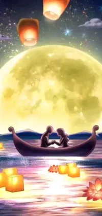This enchanting live phone wallpaper features a captivating illustration of a couple enjoying a boat ride under a bright full moon