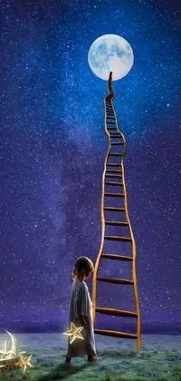 This captivating live wallpaper features a child standing on a ladder, gazing up at a full moon under a stunning star-filled sky