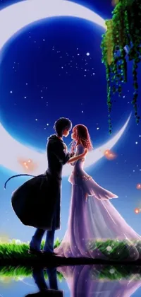 This romantic phone live wallpaper showcases a detailed fantasy art couple dancing in front of a moon