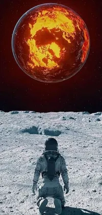 This live phone wallpaper depicts an astronaut standing on the moon's rocky terrain with the sun shining in the background