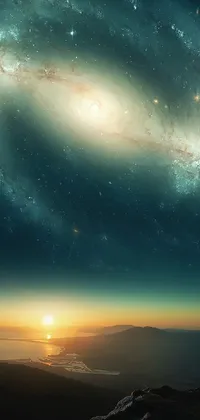 This stunning live wallpaper depicts a man gazing at a spiral galaxy from atop a mountain