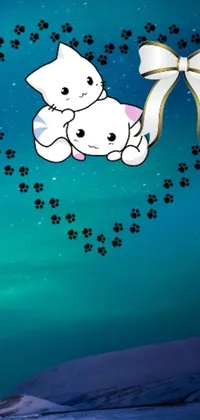 This live wallpaper is a charming depiction of two cats seated on a snow-covered ground, complete with falling hearts and a beautiful winter scene in the background