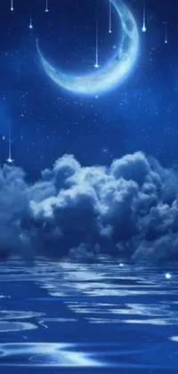 This phone live wallpaper features a stunning digital artwork of a night sky embellished with stars and a crescent moon