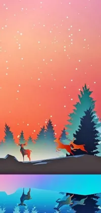 This phone live wallpaper boasts a delightful digital art design that showcases charming animals - a fox and a deer - standing by the water in vibrant, enchanting colors that evoke a festive feel