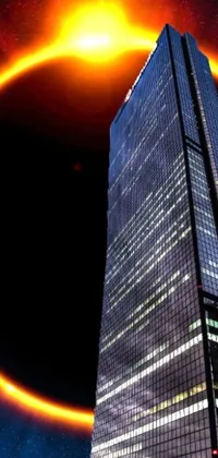 This phone live wallpaper boasts a towering cityscape featuring a dominating skyscraper with a mysterious ring wrapped around it, casting an eerie dark glow