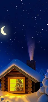 This stunning phone wallpaper depicts a quaint cabin in the snowy wilderness at night, complete with chimney and smoke rising into the sky