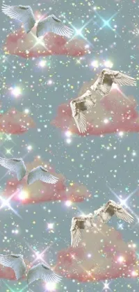 This phone live wallpaper features an animated scene of birds flying through a serene sky