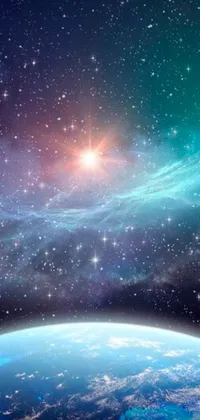 This space-themed phone live wallpaper shows the earth from a distance, surrounded by shining stars and a gorgeous nebula