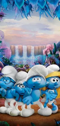 Are you a fan of the Smurfs? Add some fun and nostalgia to your phone with this live wallpaper! A group of Smurfs are featured in front of a stunning waterfall, creating a beautiful scene