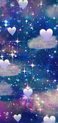 This live phone wallpaper boasts a stunning display of digital art featuring hearts floating in a dreamy blue sky amongst twinkling stars
