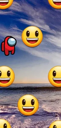 Get a fun and playful phone wallpaper featuring various emoticons sitting by the beach with an astronaut emoji nod to the popular song "Astronaut in the Ocean"
