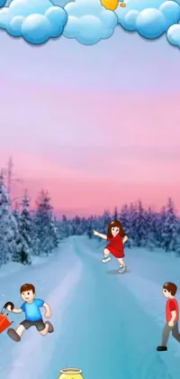 This live wallpaper depicts a scene of children playing joyfully in the snow, with snowflakes falling and the background transitioning from day to night
