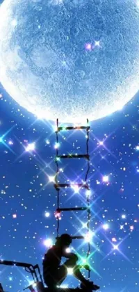 This stunning live wallpaper depicts a man admiring a beautifully rendered moon from atop a ladder