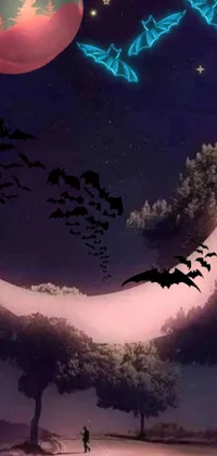 This live wallpaper depicts a spooky Halloween scene with a crescent moon painting and bats flying overhead