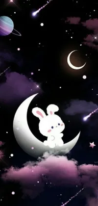 This captivating phone live wallpaper showcases an endearing rabbit sitting on a crescent moon floating against a stunning night sky backdrop filled with twinkling stars