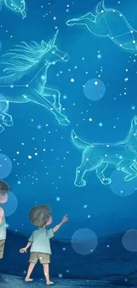 This live wallpaper for your phone features digital art of two kids standing together against a backdrop of blue constellations