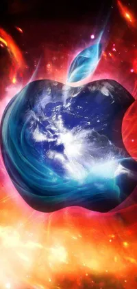 This live wallpaper features a stunning digital art image of the iconic apple logo set against a dark blue backdrop and reminiscent of deep space