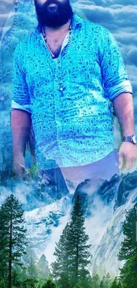 This live wallpaper features a bearded man standing before a majestic mountain with a turquoise blue background