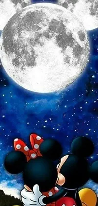 This live wallpaper showcases a delightful scene of classic animated characters cuddling in front of a picturesque full moon