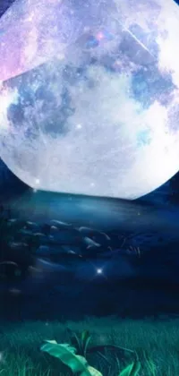 This live phone wallpaper showcases a beautifully rendered depiction of a full moon against a starry night sky