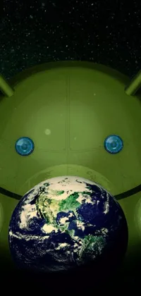 This live wallpaper features a close up of a cell phone with the earth in front of it