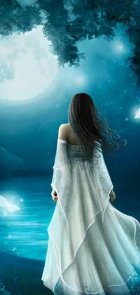 This beautiful live wallpaper showcases a serene woman standing in front of a stunning full moon