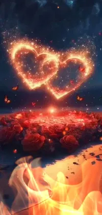 This phone live wallpaper is nothing short of breathtaking! It features a beautiful heart-shaped structure made out of colorful flowers resting on a serene beach backdrop