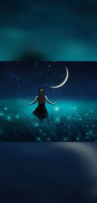This enchanting phone live wallpaper features a captivating depiction of a woman standing amidst a vast, grassy field under the light of a crescent moon