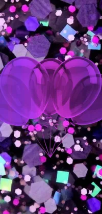 This live phone wallpaper features a delightful installation of purple balloons whimsically floating across the screen