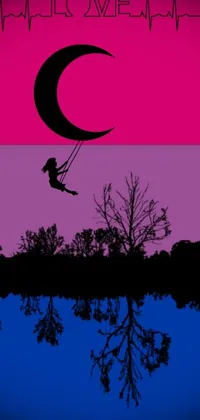 This stunning phone live wallpaper features a silhouetted figure swinging against a moonlit sky, with pink reflections and an LGBTQ flag in the background