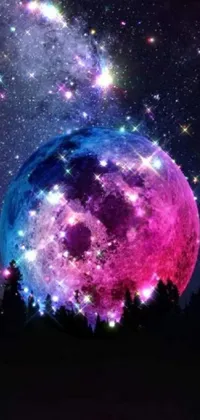 This live wallpaper depicts a stunning and awe-inspiring scene of a giant pink full moon, shining bright in a dark night sky