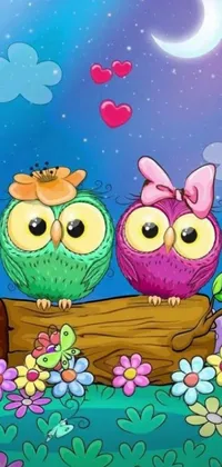 This phone live wallpaper showcases a colorful and cute art style with two charming owls perched atop a wooden log