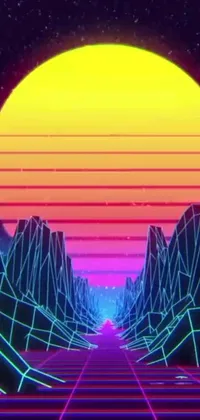 This stunning live wallpaper showcases a neon sunset with mountain backdrops in the background