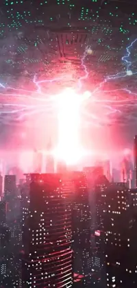 This phone live wallpaper features an alien flying over a city at night, amidst an explosive lightning spell casting, in a dystopian anime-inspired scene