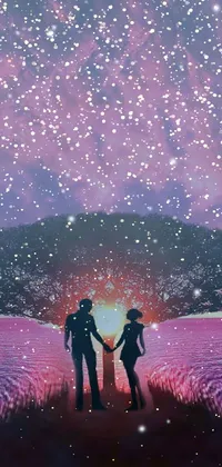 This mesmerizing phone live wallpaper features a romantic couple standing under a tree, bathed in the warm glow of a red and pink sunset