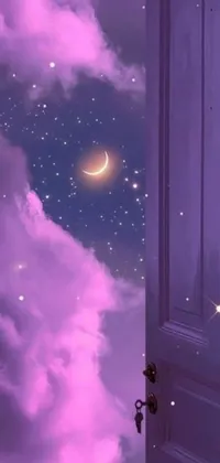 This live wallpaper for your phone captures a mystical atmosphere with an open door, a galaxy of glittering stars and a pastel-toned background of soft purple