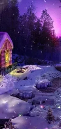 Immerse yourself in a magical winter wonderland with this beautiful cabin live wallpaper