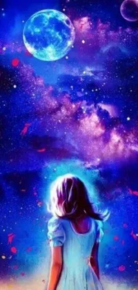 This phone live wallpaper portrays a charming digital art of a little girl gazing up at a starry night sky, featuring a delicate Tumblr style and a mesmerizing space art background