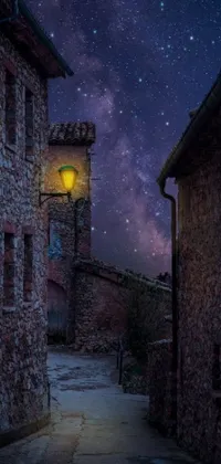 This lively phone live wallpaper showcases a serene, mediterranean alleyway at night