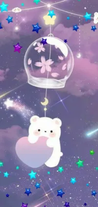 This enchanting live phone wallpaper showcases a charming teddy bear suspended from a string in the sky