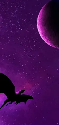 This phone live wallpaper features a bat in flight with a stunning planet backdrop in shades of blue and purple