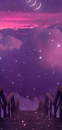 Looking for a stunning and dreamy live wallpaper for your phone? Check out this amazing wooden bridge leading to a mystical purple sky with twinkling stars