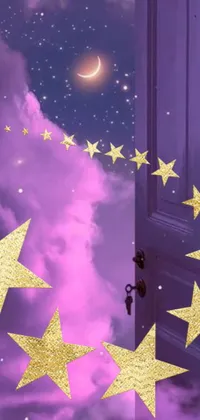 This stunning live wallpaper features a beautiful digital art image of a starry sky with a magical doorway in gold and purple hues